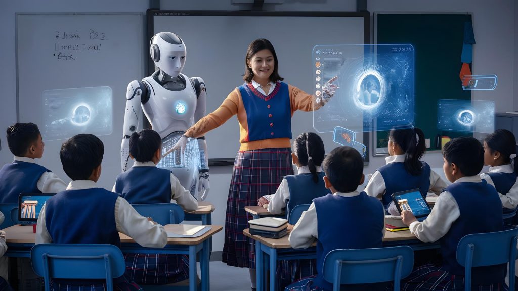 Guru dan murid di kelas sedang belajar menggunakan teknologi AI interaktif